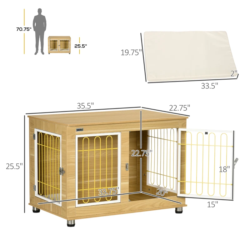 PawHut Dog Crate Side End Table Indoor with Soft Cushion, Double Doors, for Medium Large Dogs