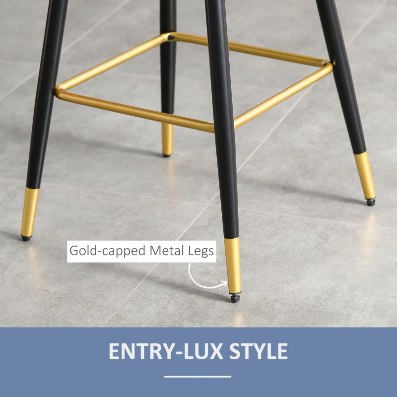 HOMCOM Set of 2 Mid-Back Upholstered Barstools Fabric Bar Chairs with Gold-Capped Steel Legs, Backrest and Footrest, Blue