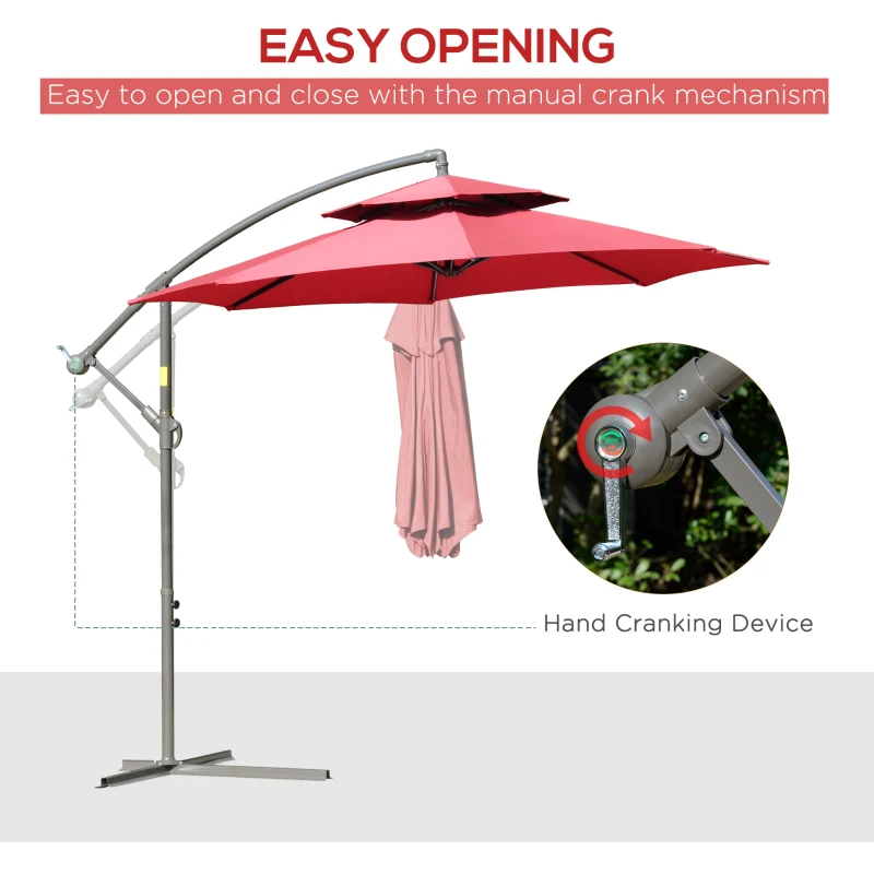 Outsunny 9' 2-Tier Cantilever Umbrella with Crank Handle, Cross Base and 8 Ribs, Garden Patio Offset Umbrella for Backyard, Poolside, and Lawn, Red