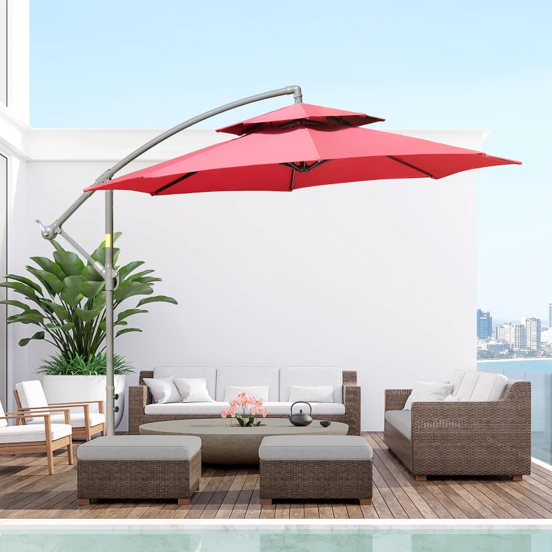 Outsunny 9' 2-Tier Cantilever Umbrella with Crank Handle, Cross Base and 8 Ribs, Garden Patio Offset Umbrella for Backyard, Poolside, and Lawn, Red
