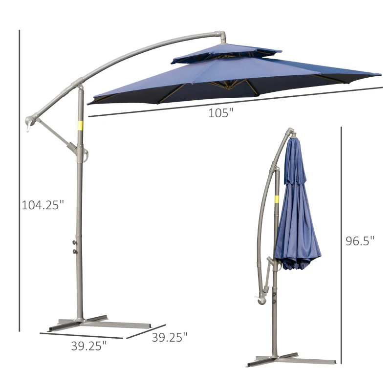 Outsunny 9' 2-Tier Cantilever Umbrella with Crank Handle, Cross Base and 8 Ribs, Garden Patio Offset Umbrella for Backyard, Poolside, and Lawn, Blue
