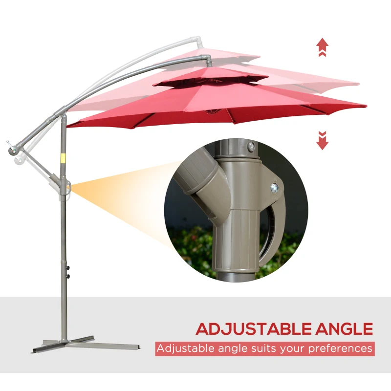 Outsunny 9' 2-Tier Cantilever Umbrella with Crank Handle, Cross Base and 8 Ribs, Garden Patio Offset Umbrella for Backyard, Poolside, and Lawn, Red