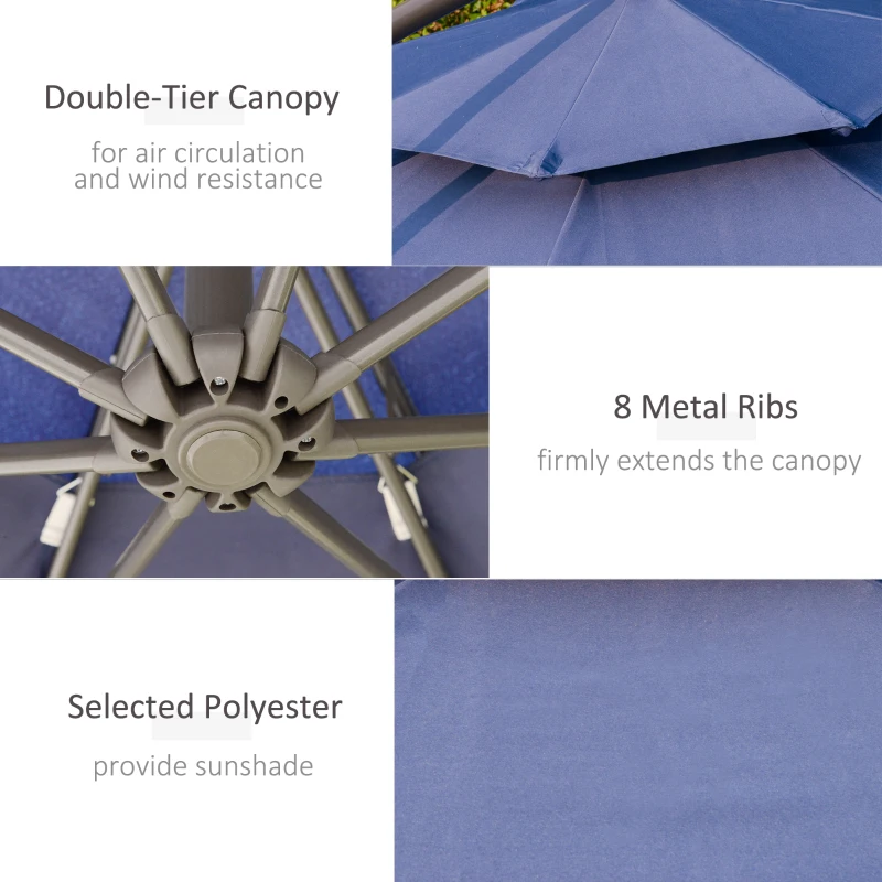Outsunny 9' 2-Tier Cantilever Umbrella with Crank Handle, Cross Base and 8 Ribs, Garden Patio Offset Umbrella for Backyard, Poolside, and Lawn, Blue