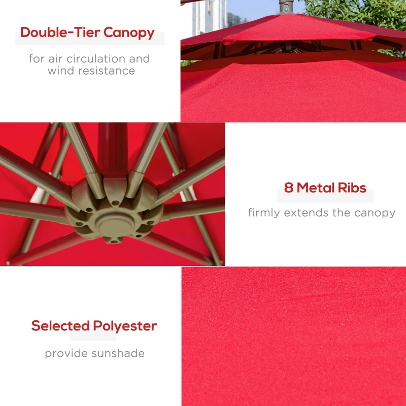 Outsunny 9' 2-Tier Cantilever Umbrella with Crank Handle, Cross Base and 8 Ribs, Garden Patio Offset Umbrella for Backyard, Poolside, and Lawn, Red