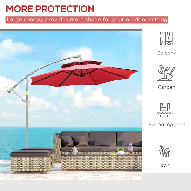 Outsunny 9' 2-Tier Cantilever Umbrella with Crank Handle, Cross Base and 8 Ribs, Garden Patio Offset Umbrella for Backyard, Poolside, and Lawn, Red