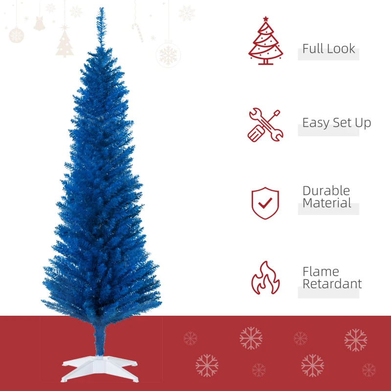 HOMCOM 5FT Decorated Christmas Tree, Pencil Christmas Tree with 294 Realistic Branch Tips and Plastic Stand, Blue