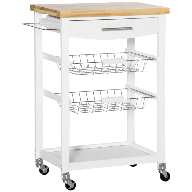 HOMCOM 3-Tier Utility Kitchen Cart with Handle Bar, Steel Basket Rolling Kitchen Island, Food Storage Service Trolley with Wheels, Rubber Wood Top (White)