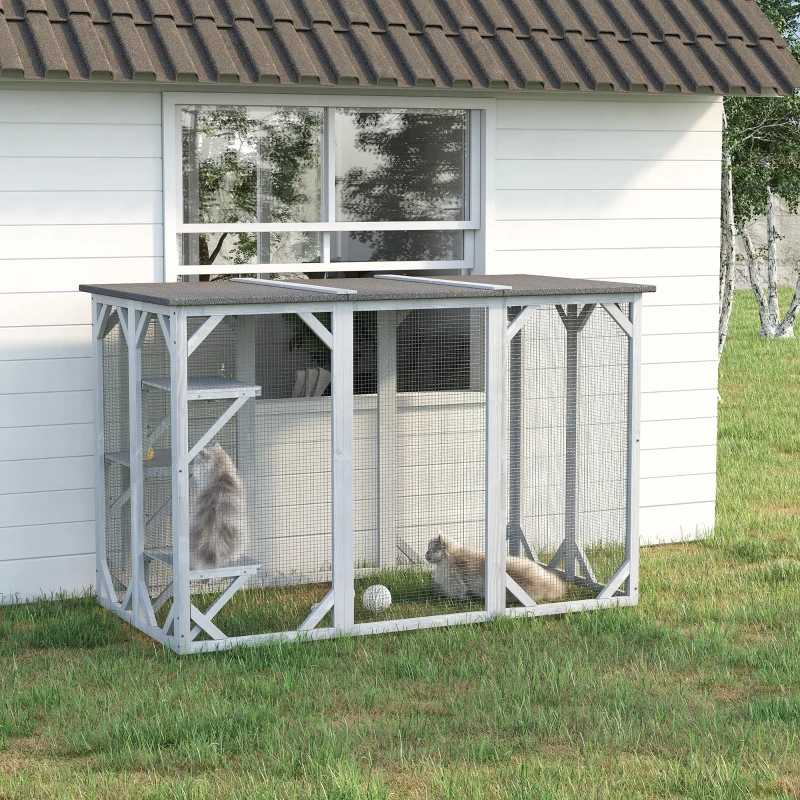 PawHut 71" x 32" x 44" Large Wooden Outdoor Cat Enclosure Catio Cage With 3 Platforms, Gray