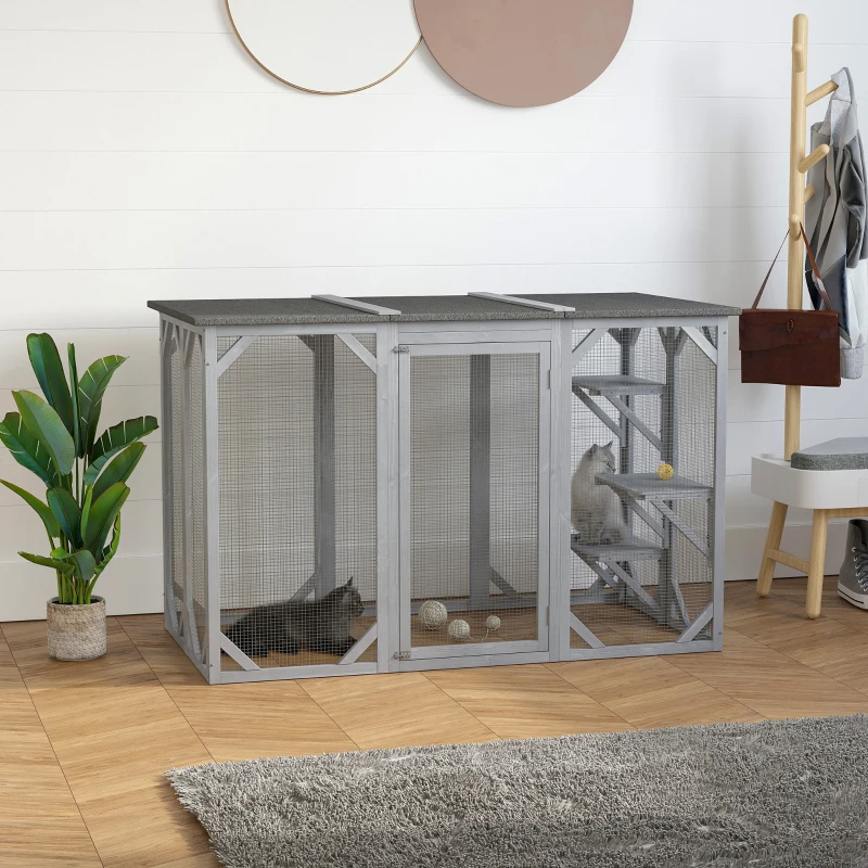 PawHut 71" x 32" x 44" Large Wooden Outdoor Cat Enclosure Catio Cage With 3 Platforms, Gray