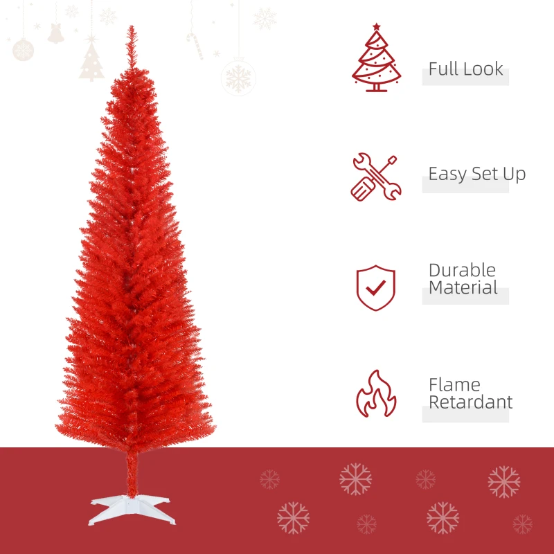 HOMCOM 6FT Decorated Christmas Tree, Pencil Christmas Tree with 390 Realistic Branch Tips and Plastic Stand, Red
