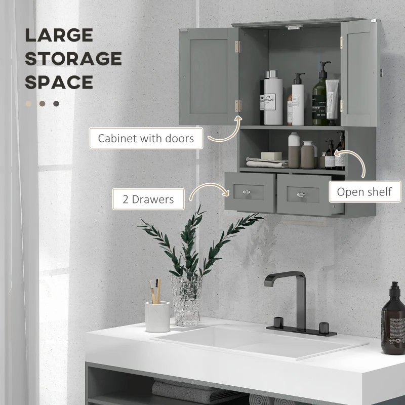 kleankin Bathroom Wall Cabinet, Medicine Cabinet, Over Toilet Storage Cabinet with Shelf and Drawers for Hallway, Living Room, Grey
