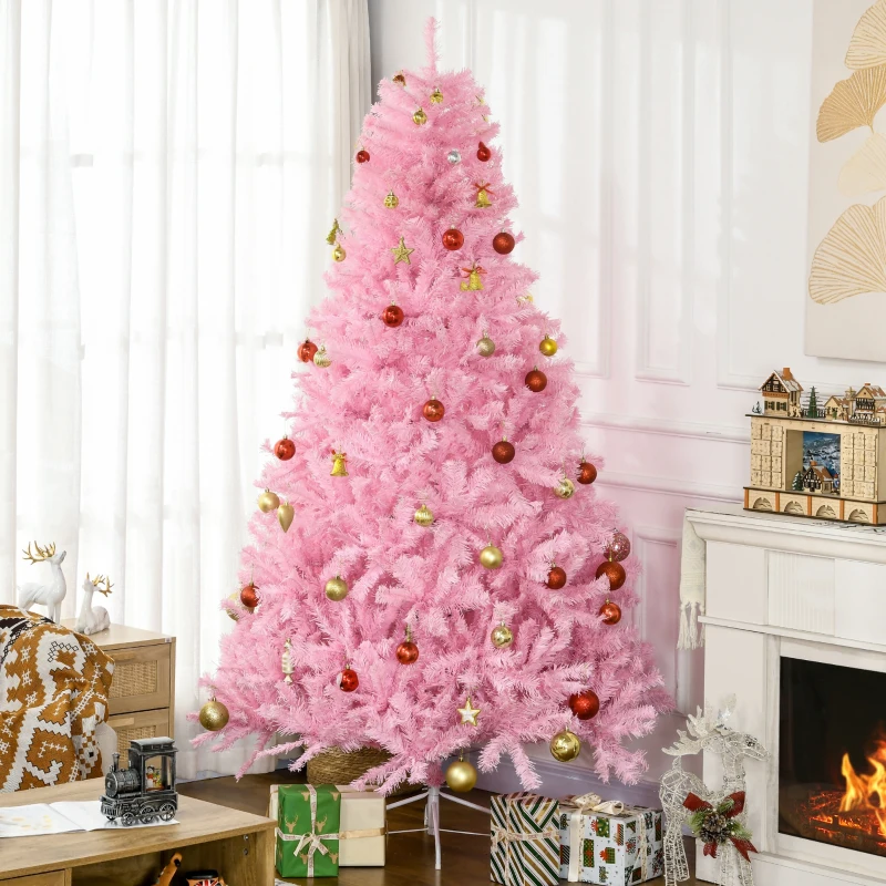 HOMCOM 7' Artificial Pink Christmas Trees, with Auto Open, Steel Base, Wide Shape for Indoor Xmas Decoration