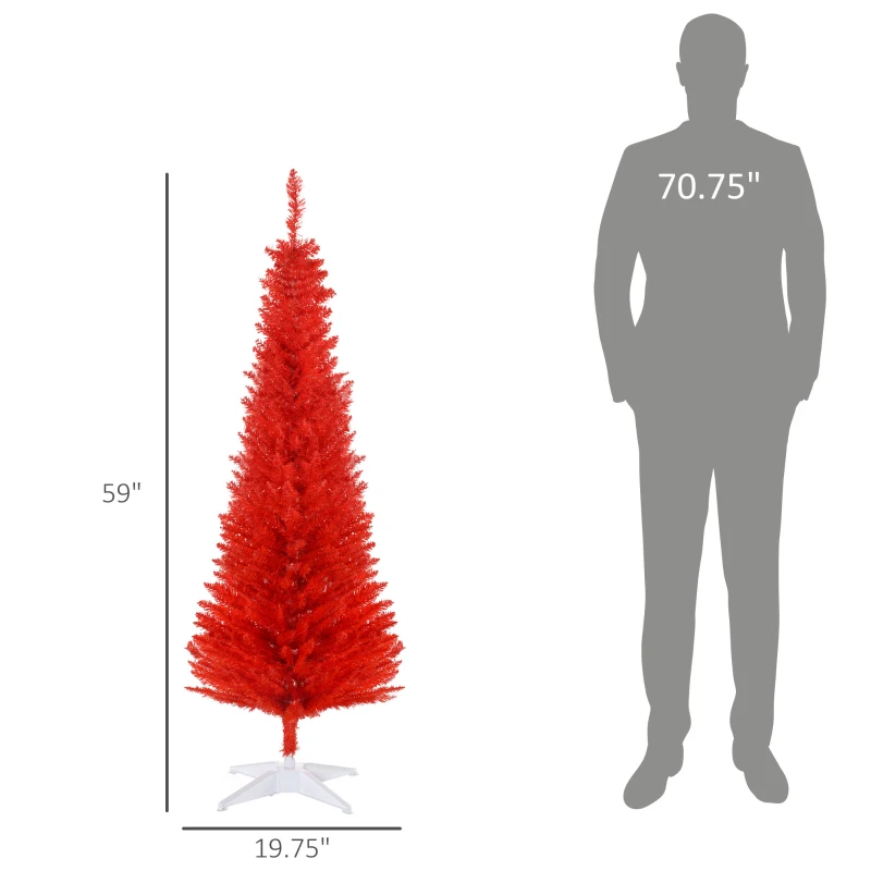 HOMCOM 5FT Decorated Christmas Tree, Pencil Christmas Tree with 294 Realistic Branch Tips and Plastic Stand, Red