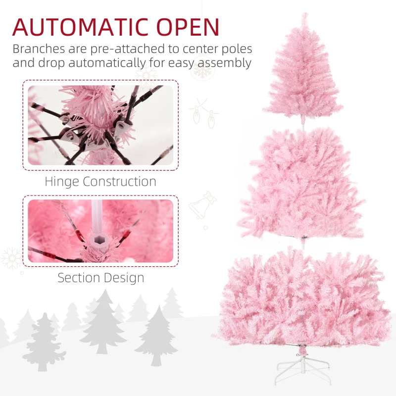 HOMCOM 7' Artificial Pink Christmas Trees, with Auto Open, Steel Base, Wide Shape for Indoor Xmas Decoration