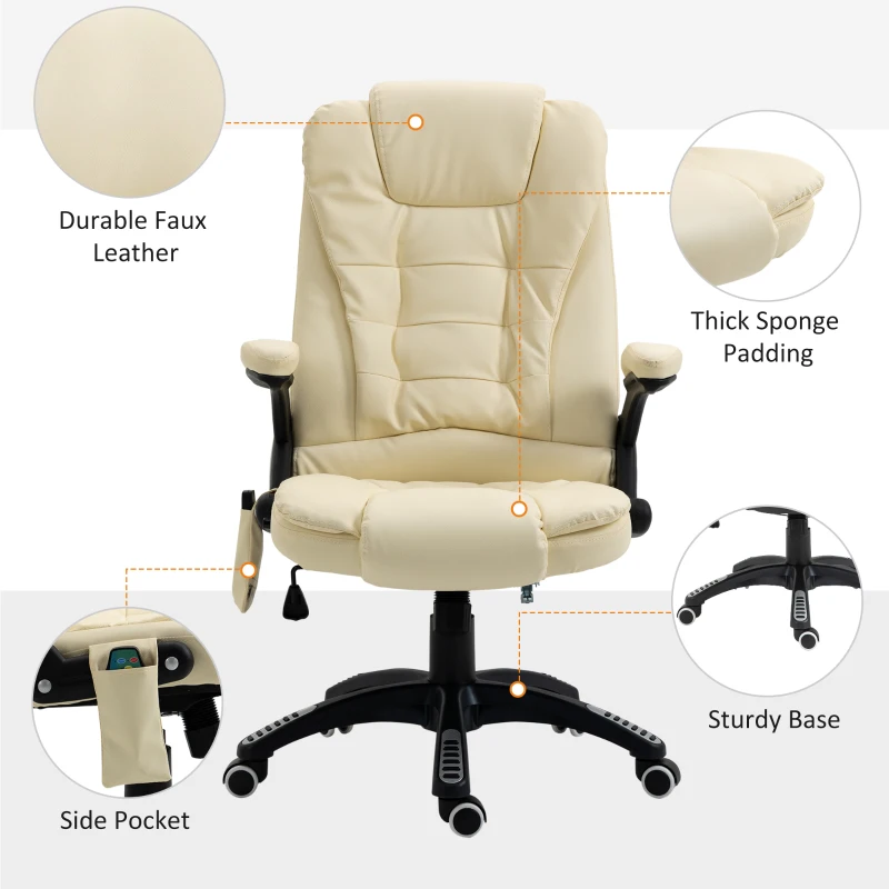 HOMCOM Massage Office Chair, Heated Reclining Computer Chair with 6 Vibration Points, Armrest and Remote, Beige