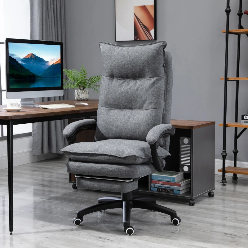 Vinsetto 360° Swivel Executive Home Office Chair Adjustable Height Linen Style Fabric Recliner with Retractable Footrest and Double Padding, Gray