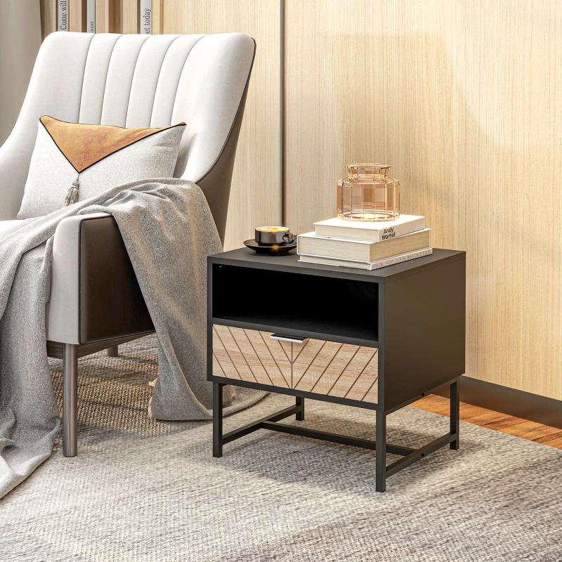 HOMCOM Modern Bedside Table with Drawer, Nightstand with Storage Shelf, Sofa End Table for Bedroom, Black and Oak