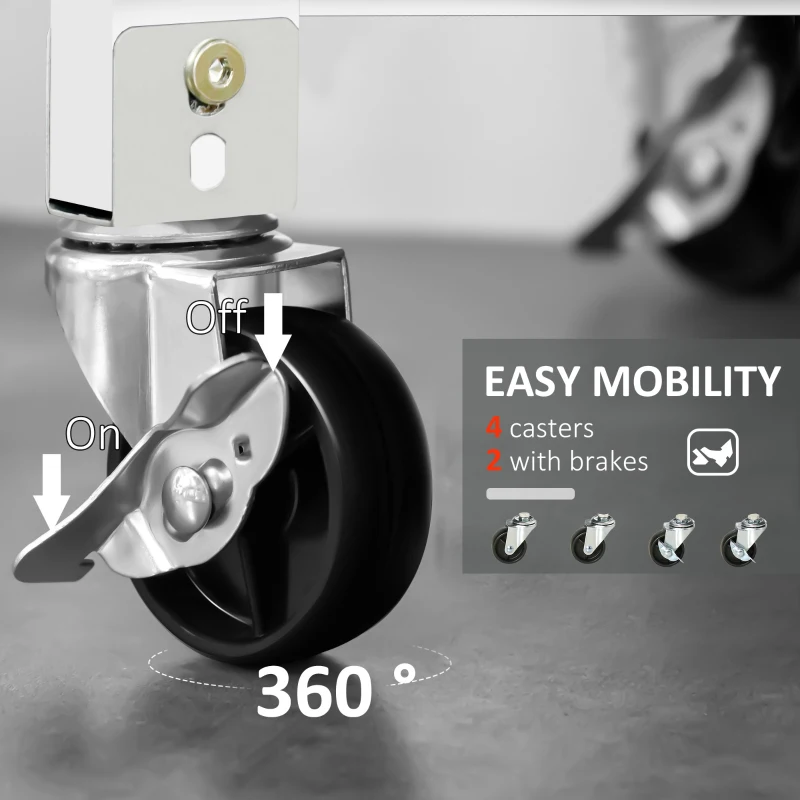 HOMCOM 3-Tier Utility Kitchen Cart with Handle Bar, Steel Basket Rolling Kitchen Island, Food Storage Service Trolley with Wheels, Rubber Wood Top (White)