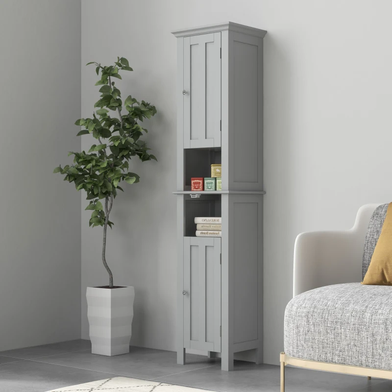kleankin Bathroom Cabinet, Freestanding Linen Cabinet with Open Shelves, 13.8" x 11.8" x 62.4", Grey