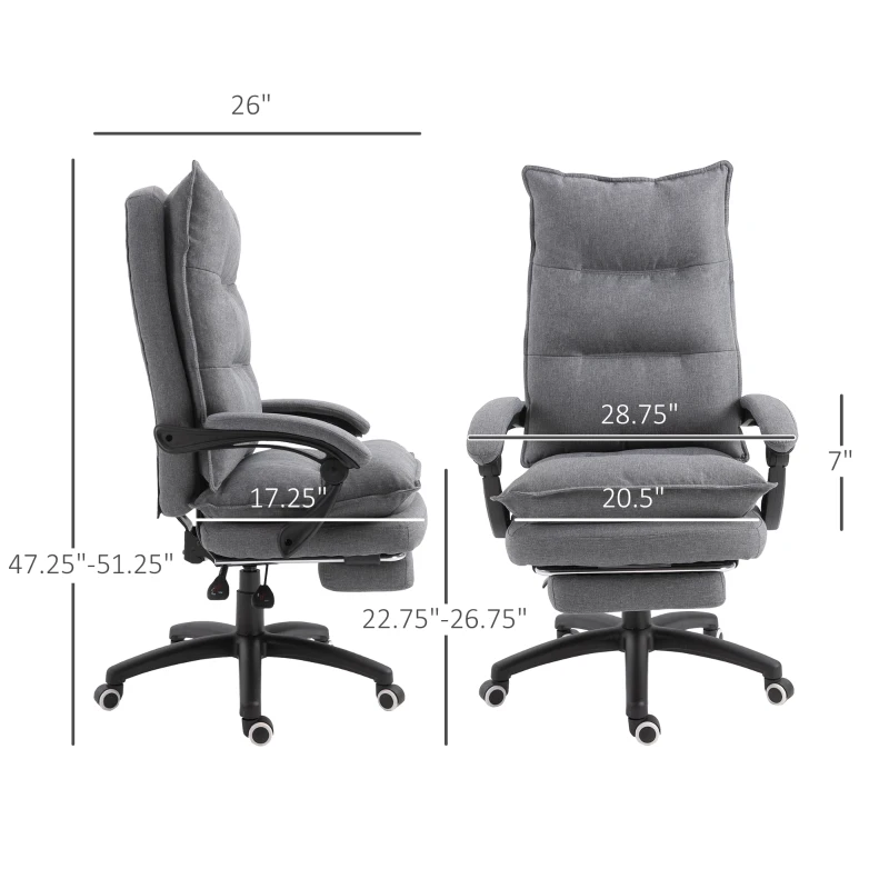 Vinsetto 360° Swivel Executive Home Office Chair Adjustable Height Linen Style Fabric Recliner with Retractable Footrest and Double Padding, Gray