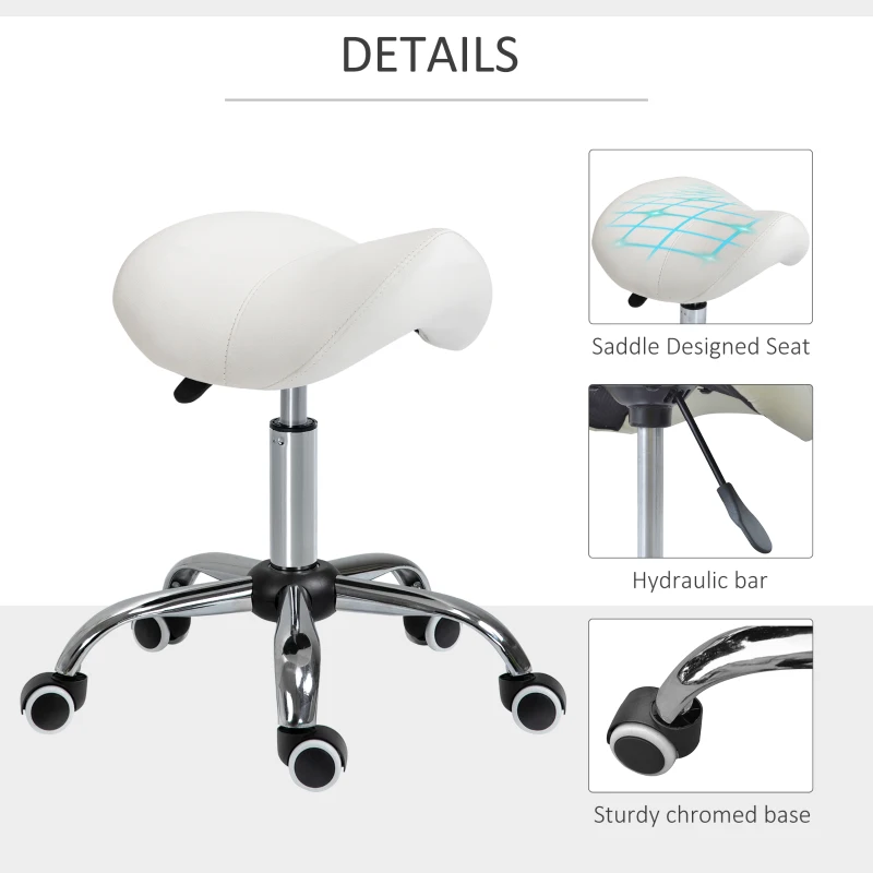 HOMCOM Cosmetic Stool 360° Rotate Height Adjustable Salon Massage Spa Chair Hydraulic Rolling Faux Leather Saddle Stool Mobility, Cream White