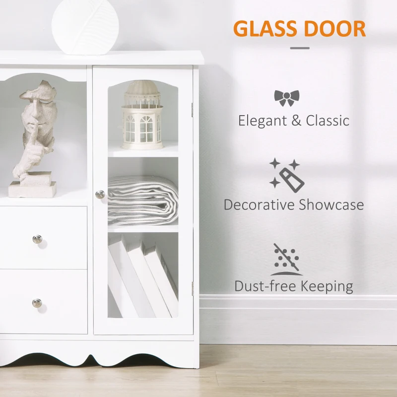 HOMCOM Bathroom Cabinet, Floor Standing Accent Cabinet with Glass Door & Storage Drawers for Living Room, White