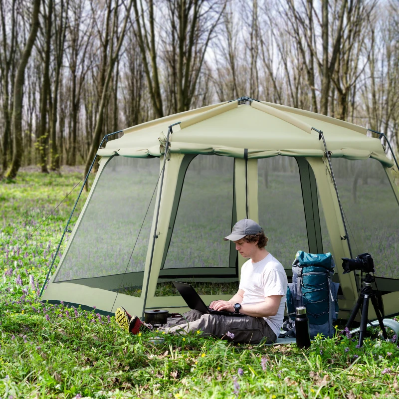 Outsunny 8-10 Person Screen House Room Instant Camping Canopy, Wind Resistant Hexagon Design Screen Shelter Family Tent, and Screened Mesh for Hiking, Hunting, Fishing, Army Green