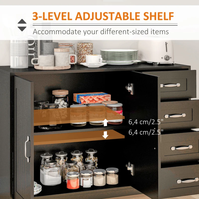 HOMCOM Modern Sideboard Buffet Cabinet with 4 Drawers and 2 Beadboard Doors, Kitchen Storage Cabinet, Black
