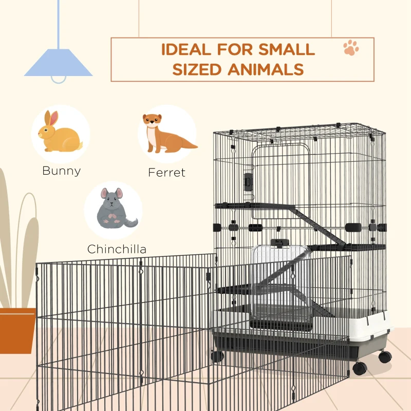 PawHut 45" 4-Level Small Animal Cage with Wheels, Black