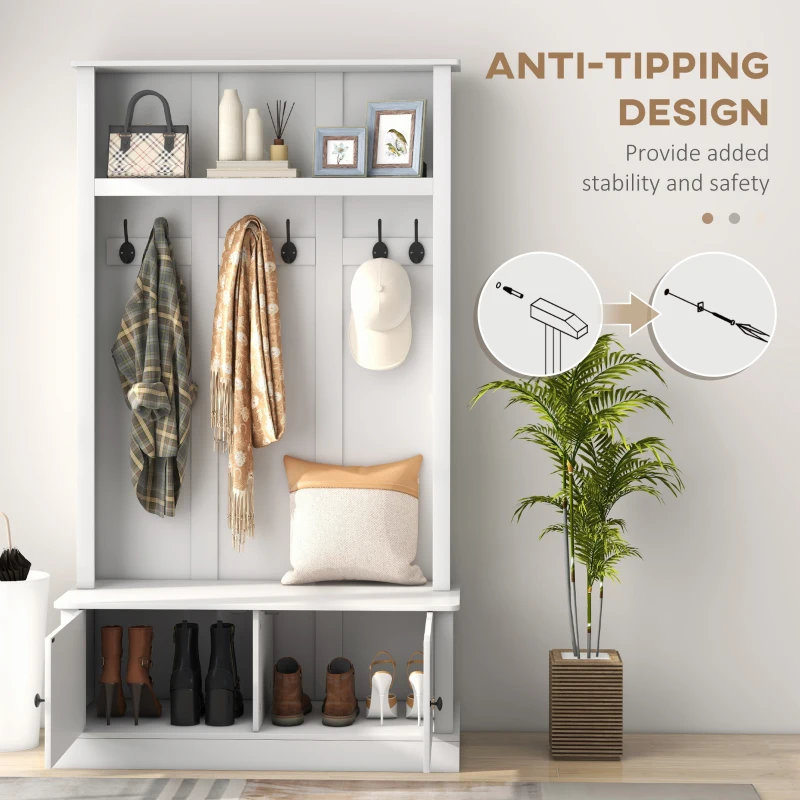 HOMCOM Hall Tree, Entryway Bench with Coat Rack, White