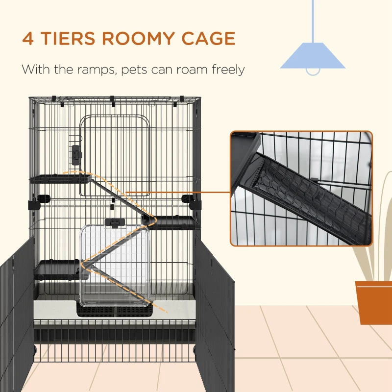 PawHut 45" 4-Level Small Animal Cage with Wheels, Black