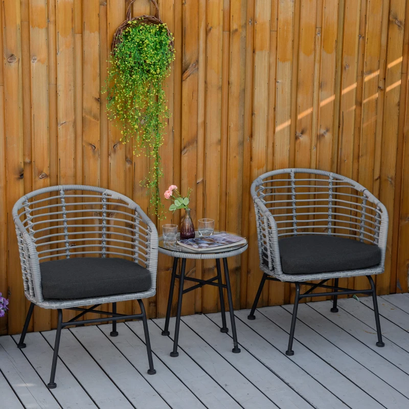 Outsunny 3 Piece Patio Bistro Set, PE Rattan with Cushioned Barrel Chairs & Glass Coffee Table, Conversation Set, Mixed Gray