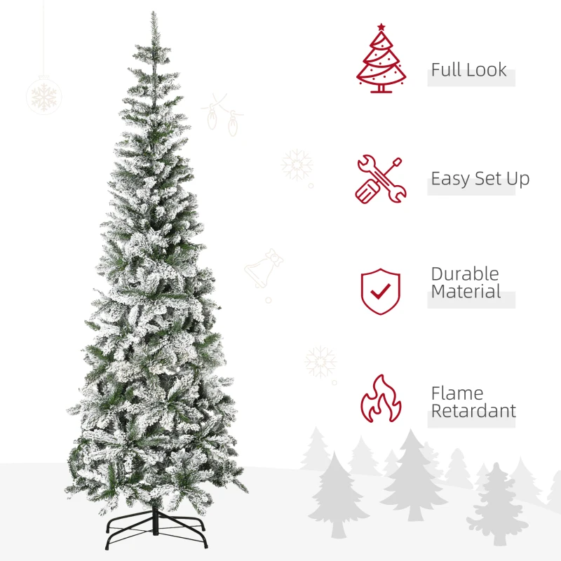 HOMCOM 7.5ft Unlit Snow-Flocked Slim Pine Artificial Christmas Tree with Realistic Branches and 668 Tips
