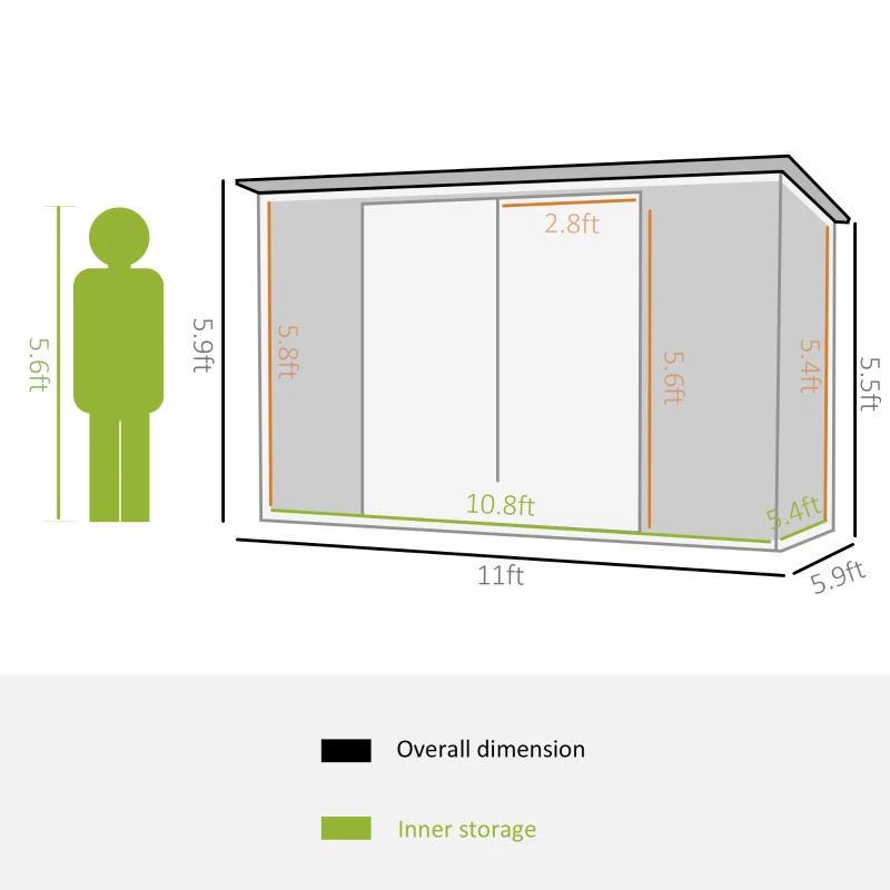 Outsunny 11' x 6' Storage Shed w/ Lockable Door, Galvanized Metal Utility Outdoor Shed for Backyard, Bike, Patio, Dark Gray