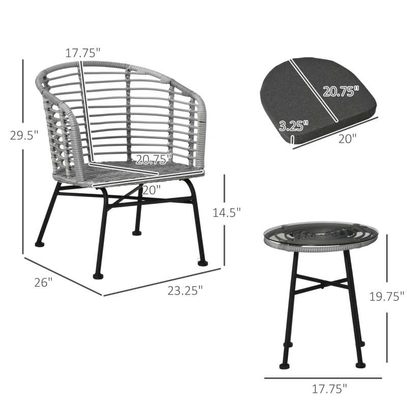 Outsunny 3 Piece Patio Bistro Set, PE Rattan with Cushioned Barrel Chairs & Glass Coffee Table, Conversation Set, Mixed Gray