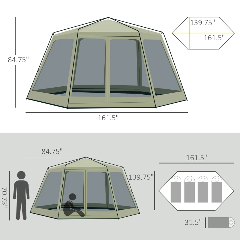 Outsunny 8-10 Person Screen House Room Instant Camping Canopy, Wind Resistant Hexagon Design Screen Shelter Family Tent, and Screened Mesh for Hiking, Hunting, Fishing, Army Green