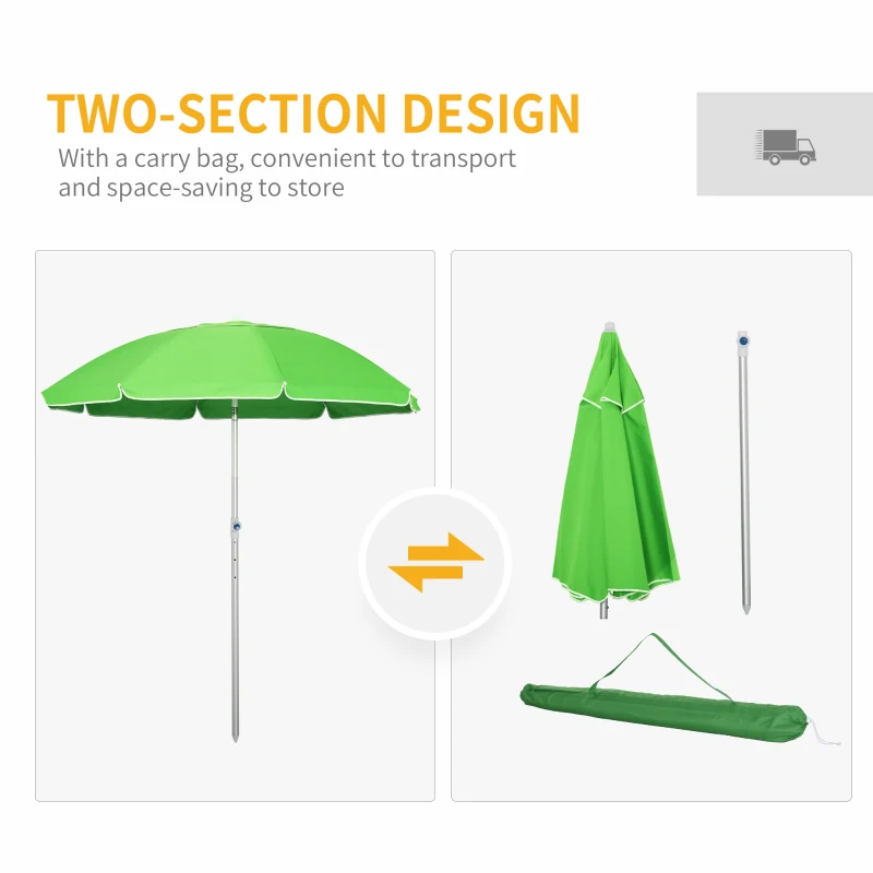 Outsunny Arc. 6.4ft Beach Umbrella with Aluminum Pole Pointed Design Adjustable Tilt Carry Bag for Outdoor Patio Green