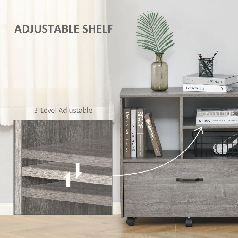 Vinsetto Lateral Filing Cabinet with Open Storage Shelf, Printer Stand, Mobile Office File Cabinet with Wheels for Letter and Legal Sized Files, Grey