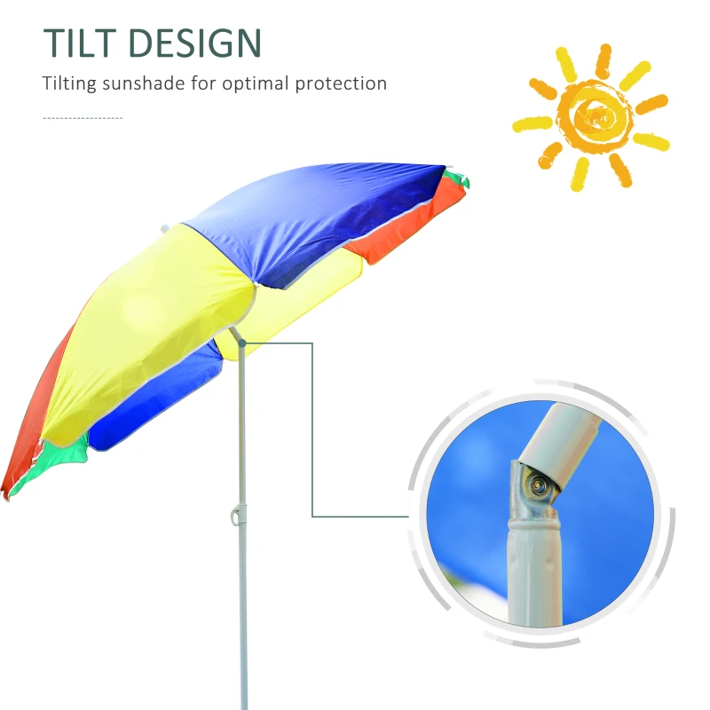 Outsunny 5ft Round Beach Umbrella Outdoor UV Protection Sun Shade Canopy w/ Push Button Tilt Pole Rainbow