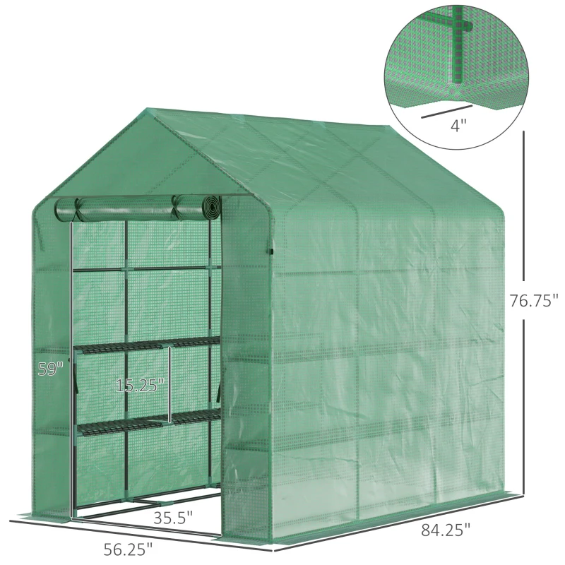 Outsunny 7' x 5' x 6.5' Walk-in Greenhouse, PE Cover, 2-Tier Shelves, Steel Frame Hot house, Roll-Up Zipper Door for Flowers, Vegetables, Saplings, Tropical Plants, Green