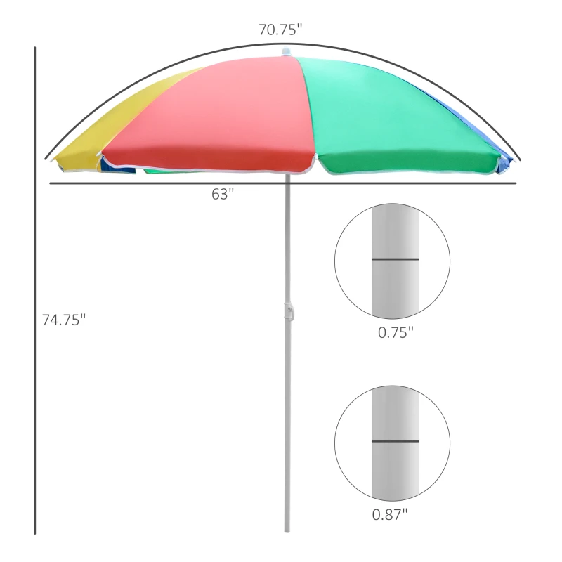 Outsunny 5ft Round Beach Umbrella Outdoor UV Protection Sun Shade Canopy w/ Push Button Tilt Pole Rainbow