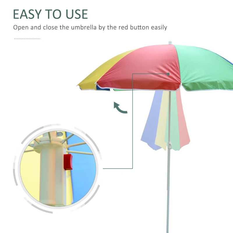 Outsunny 5ft Round Beach Umbrella Outdoor UV Protection Sun Shade Canopy w/ Push Button Tilt Pole Rainbow