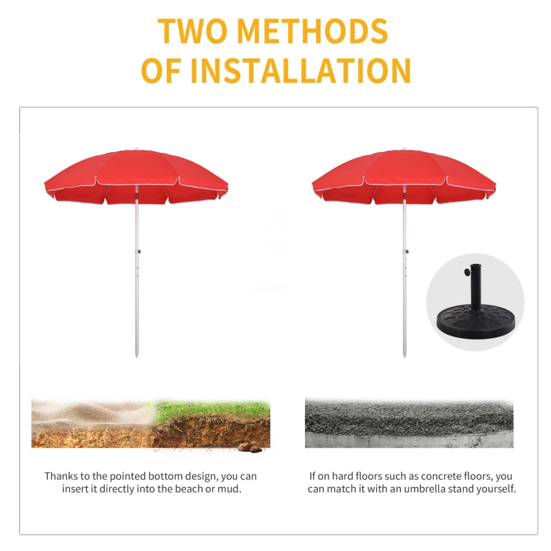 Outsunny Arc. 6.4ft Beach Umbrella with Aluminum Pole Pointed Design Adjustable Tilt Carry Bag for Outdoor Patio Red