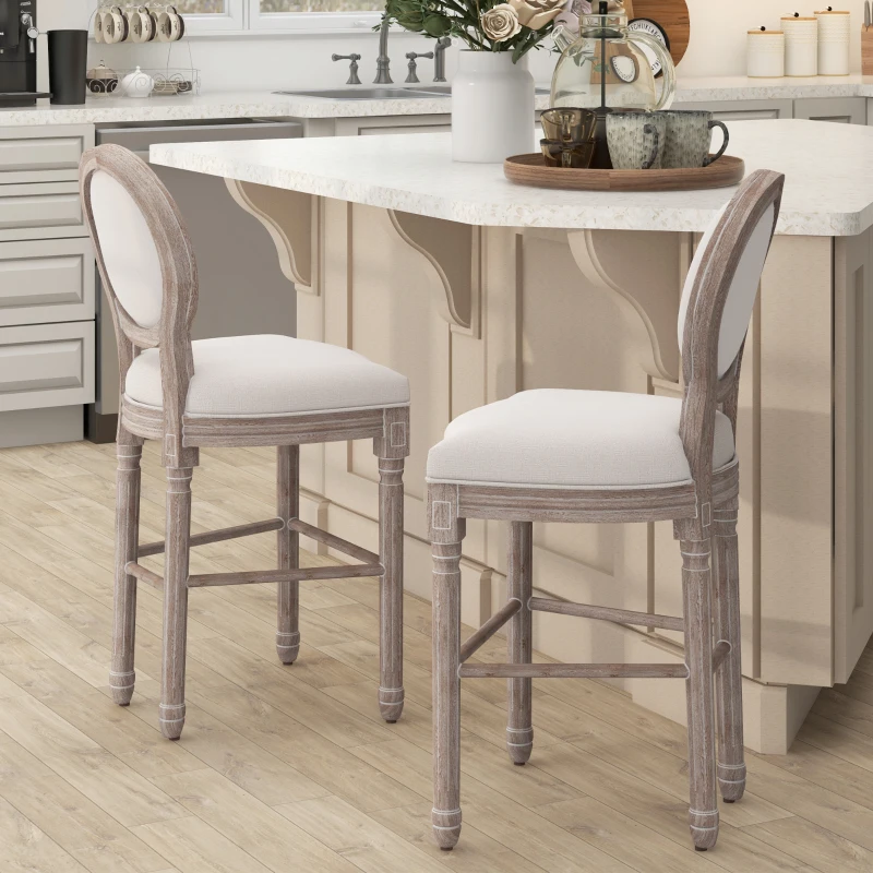 HOMCOM Solid Wood Bar Stools Set of 2, French Country Barstools, Bar Height Chairs with Upholstered Seating and Footrest, 29.5" Seat Height, Beige