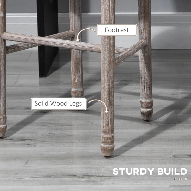 HOMCOM Solid Wood Bar Stools Set of 2, French Country Barstools, Bar Height Chairs with Upholstered Seating and Footrest, 29.5" Seat Height, Beige