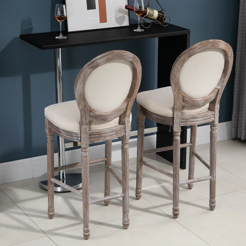 HOMCOM Solid Wood Bar Stools Set of 2, French Country Barstools, Bar Height Chairs with Upholstered Seating and Footrest, 29.5" Seat Height, Beige