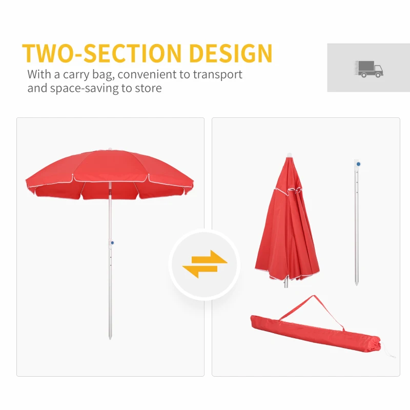 Outsunny Arc. 6.4ft Beach Umbrella with Aluminum Pole Pointed Design Adjustable Tilt Carry Bag for Outdoor Patio Red