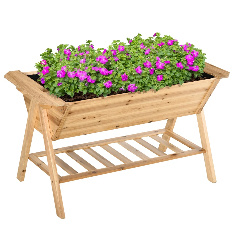 Outsunny Elevated Planter Box Multi Level Planter Wooden Raised Flower Bed with Garden Shelf Plates, 58.5" x 31" x 32.25", Natural