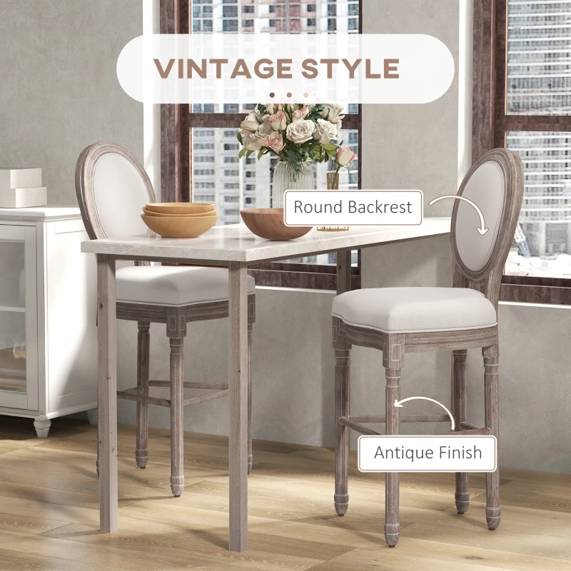 HOMCOM Solid Wood Bar Stools Set of 2, French Country Barstools, Bar Height Chairs with Upholstered Seating and Footrest, 29.5" Seat Height, Beige