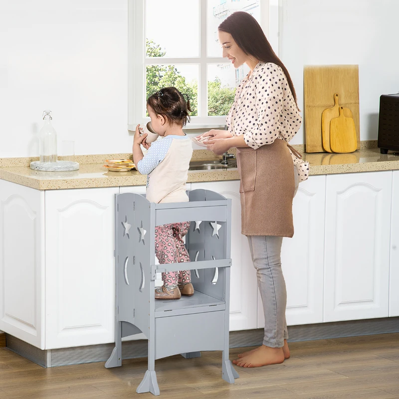 Qaba Wooden Kitchen Step Stool for Kids, Foldable Toddler Tower, Helper Stool for Kitchen Counter with Support Handles Safety Rail, Gray
